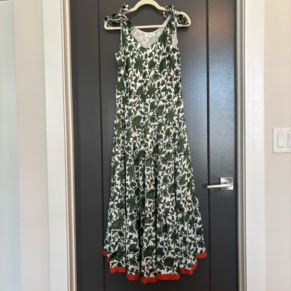 THML Green White Floral Tie Shoulder Maxi Dress L